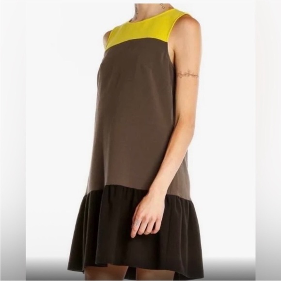 LOFT Yellow and Brown Pleated A-Line Mini Dress - Picture 1 of 4